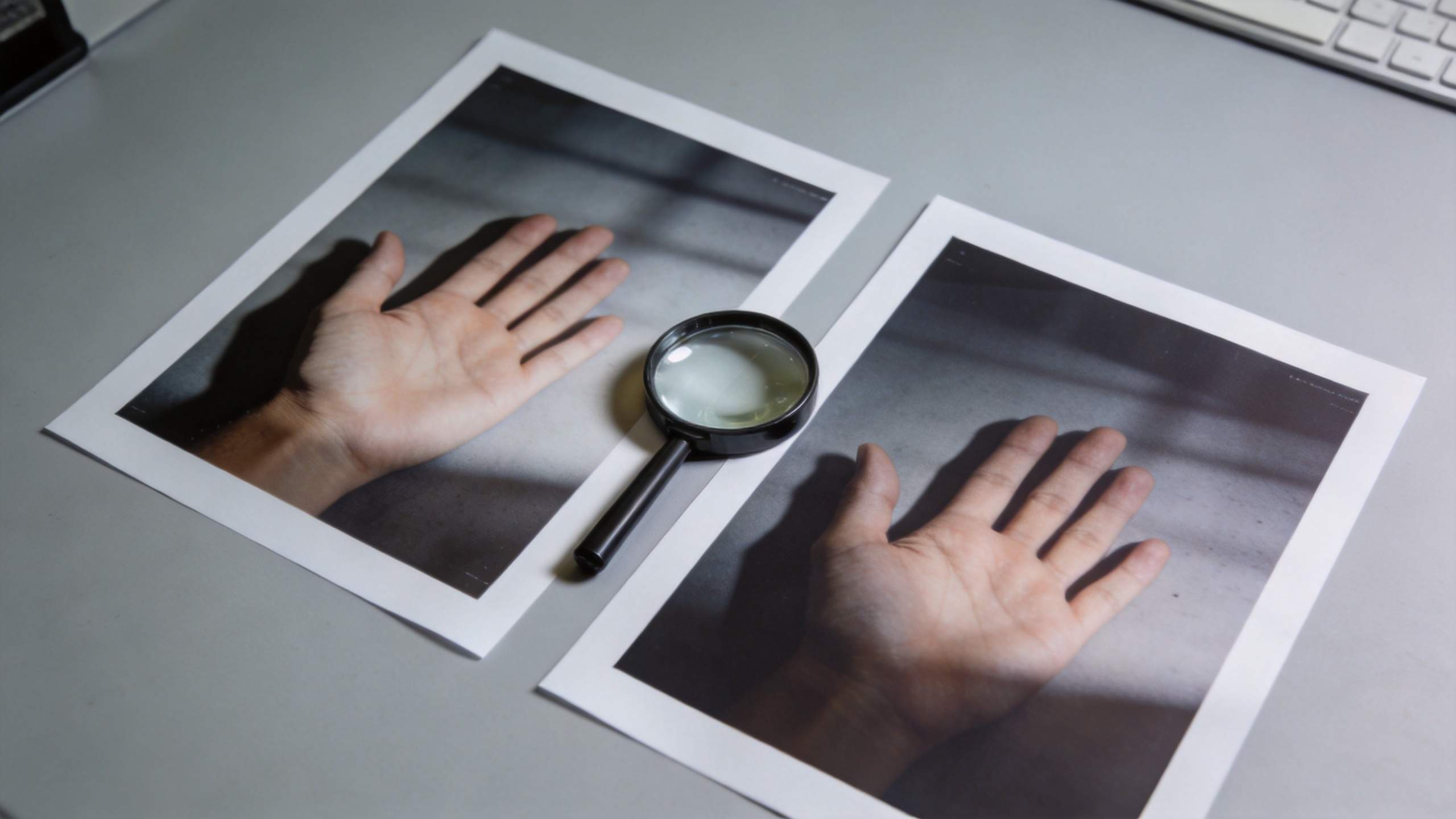 Magnifying glass examining two printed photos of an open hand on a desk