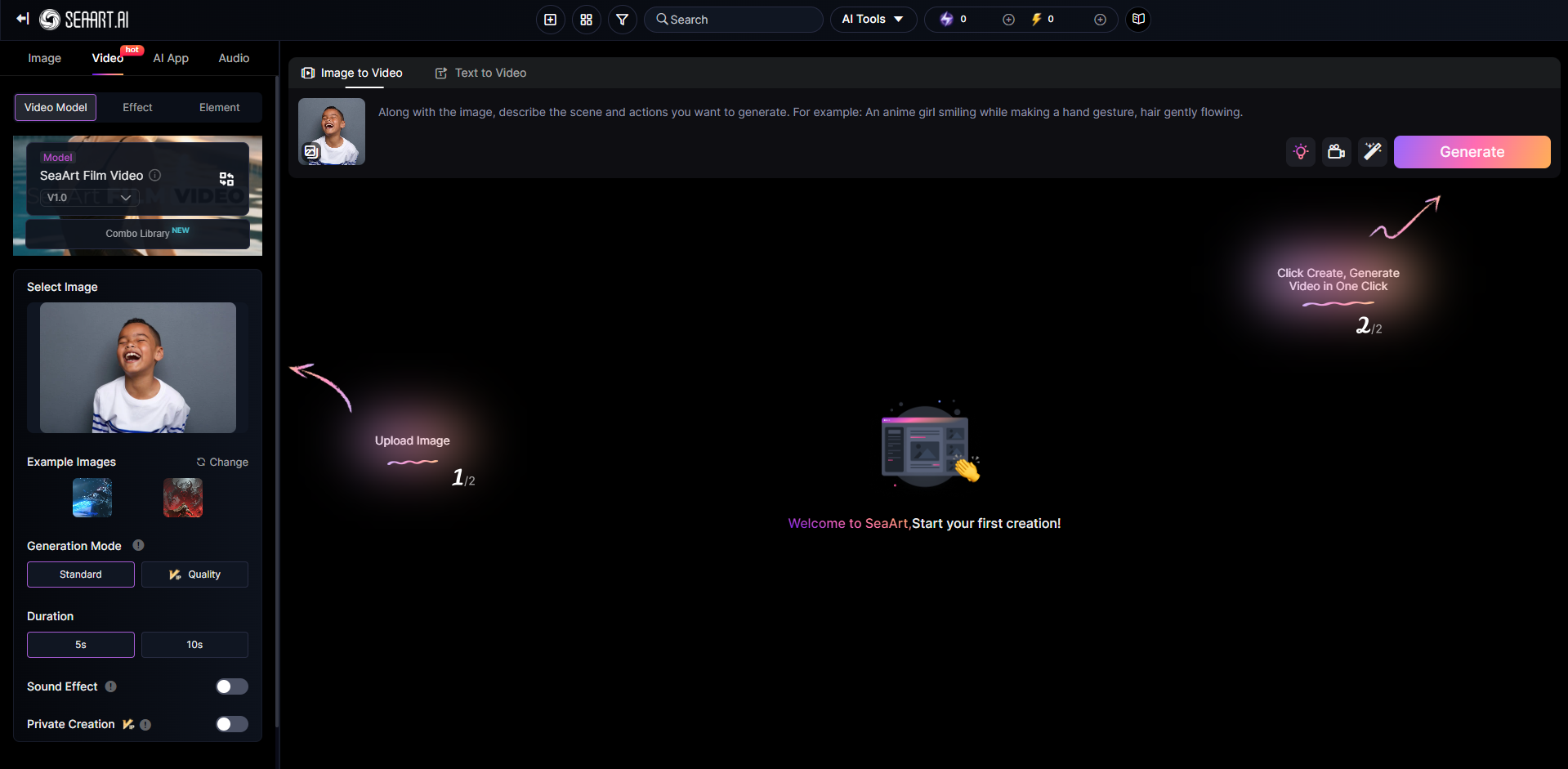 Interface of SeaArt AI - an easy to use free AI photo to video converter