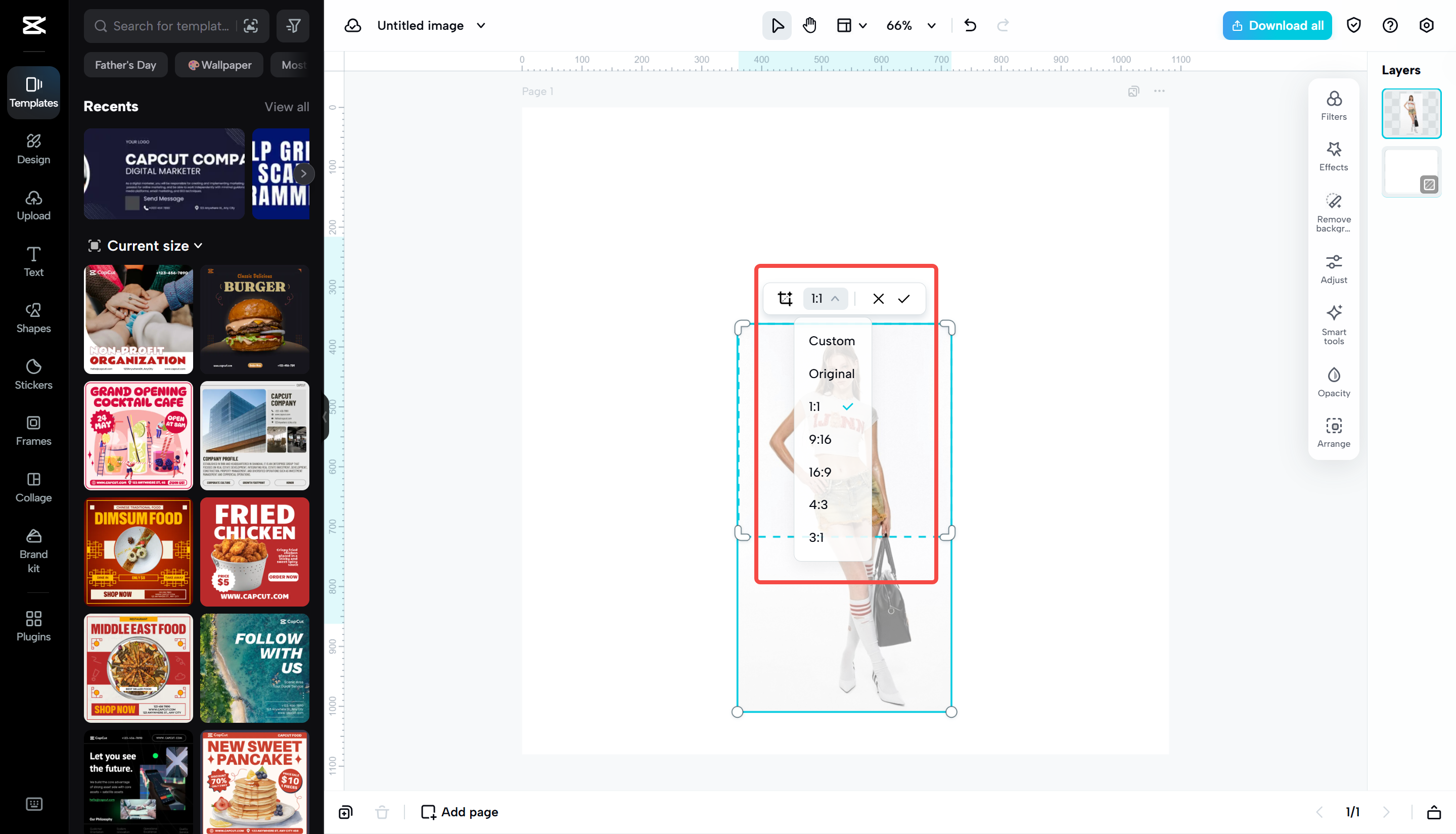 Customizing and resizing the image in CapCut Web