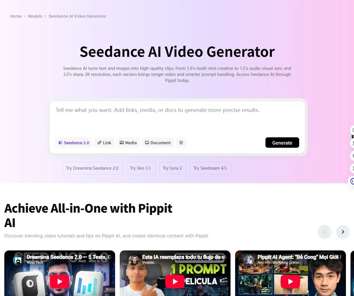 Pagina del generatore di video AI Seedance con un grande box per l'inserimento del prompt e un pulsante Genera