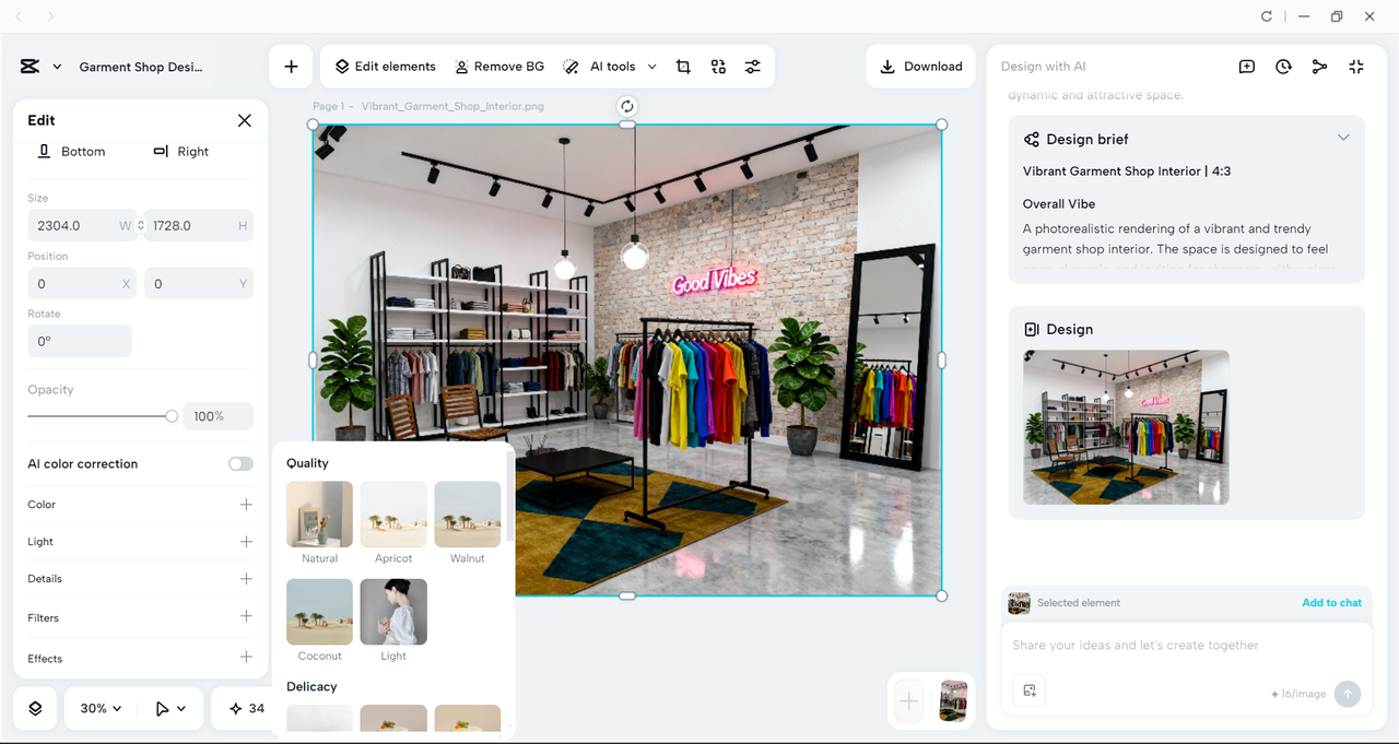 Interface of the CapCut desktop video editor - the easiest way to style garment shop interior design