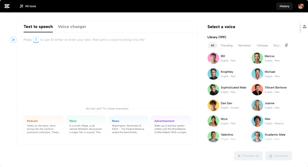 Alat text to speech CapCut Web
