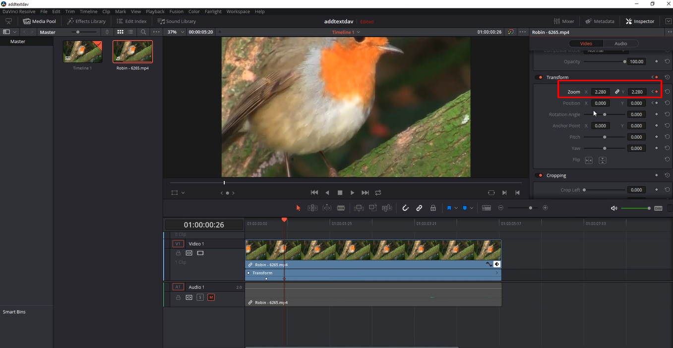 Applying and adjusting zoom into a video in DaVinci Resolve