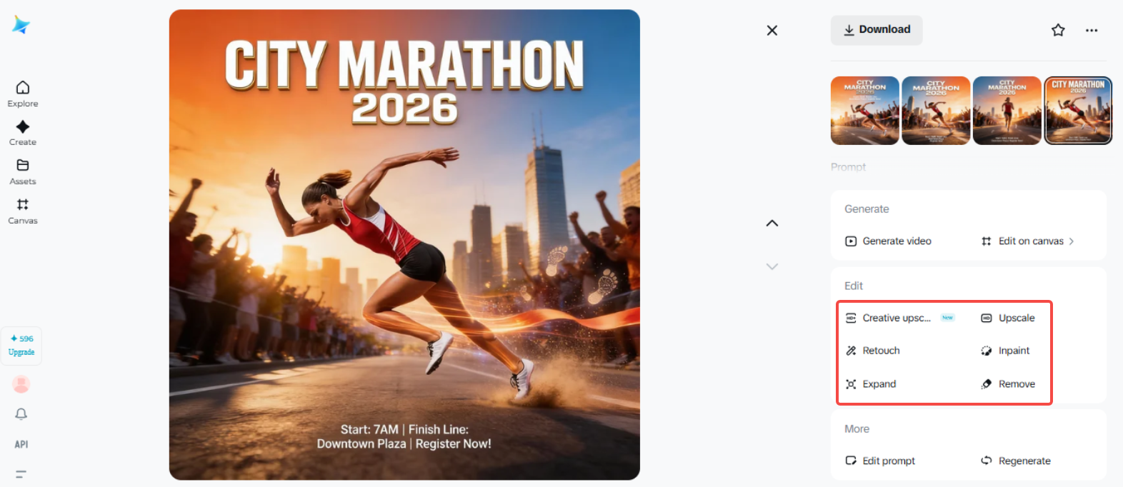 Editing and enhancing the marathon runner poster in Dreamina