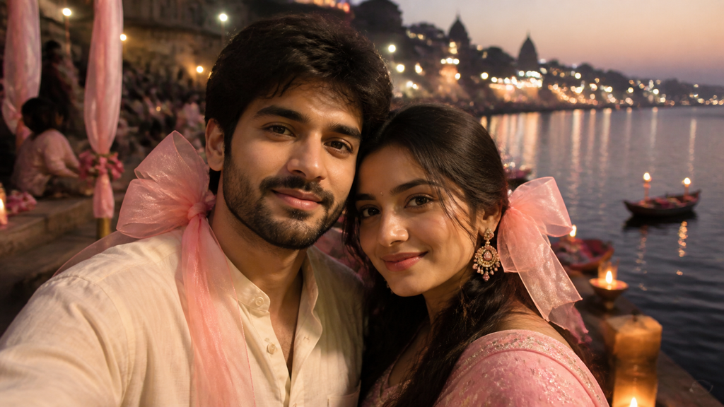 Tendance photo de couple ia avec nœud rose à l'invite Ghat 3 visuel original 16 : 9