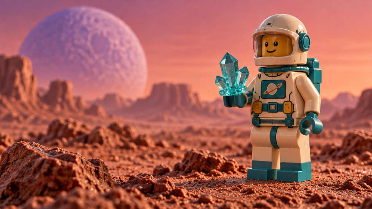 16: 9 oryginalny astronauta z kremowo-turkusowej zabawki na prawej trzeciej części miniaturowej pustyni koralowej, trzymający cyjanowy kryształ, lawendowy księżyc w oddali, polerowany plastik i makrofotografię kolekcjonerską.