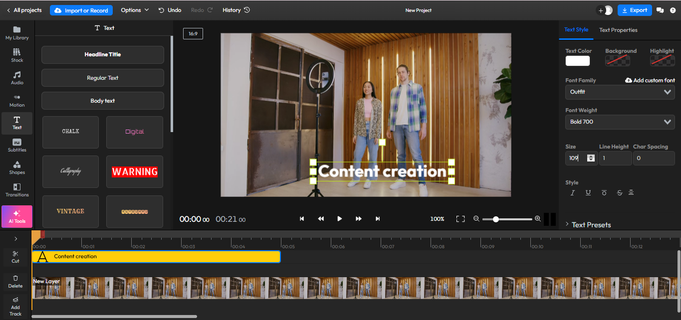Interface of Flixier showing how to add written text to videos