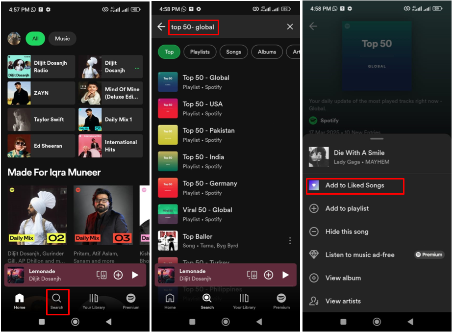 Spotify에서 상위 글로벌 노래를 보는 방법을 보여주는 이미지