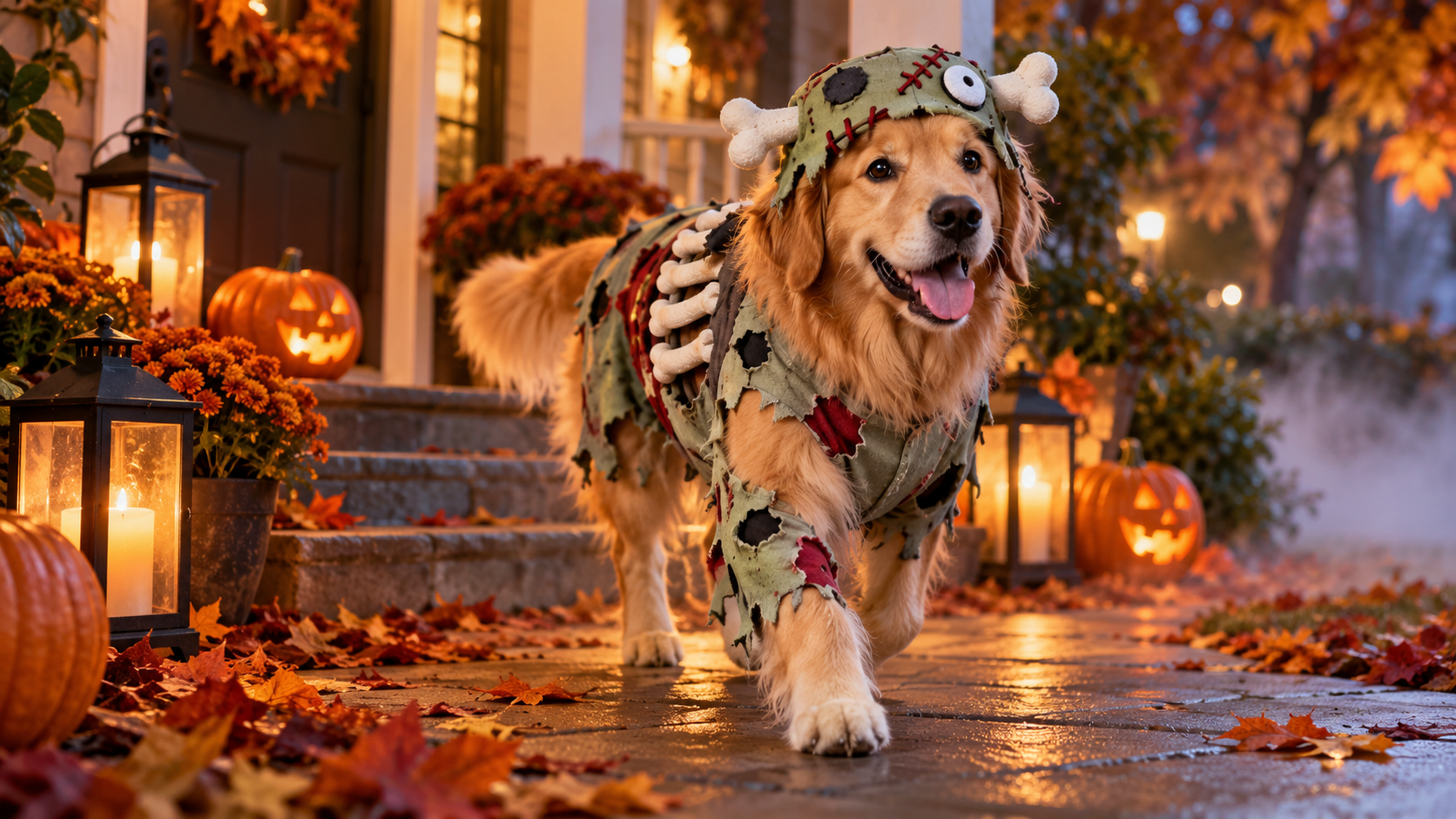 zombie pet prompts: Golden Retriever in a Safe Foam-bone Zombie Costume