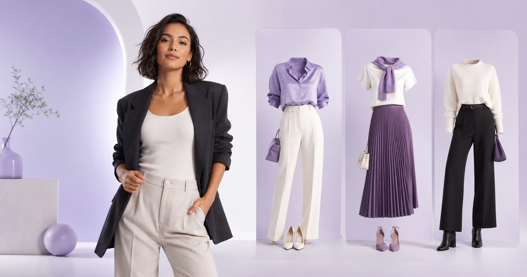 A fashion shopper comparing three coordinated outfit concepts in a lavender studio.