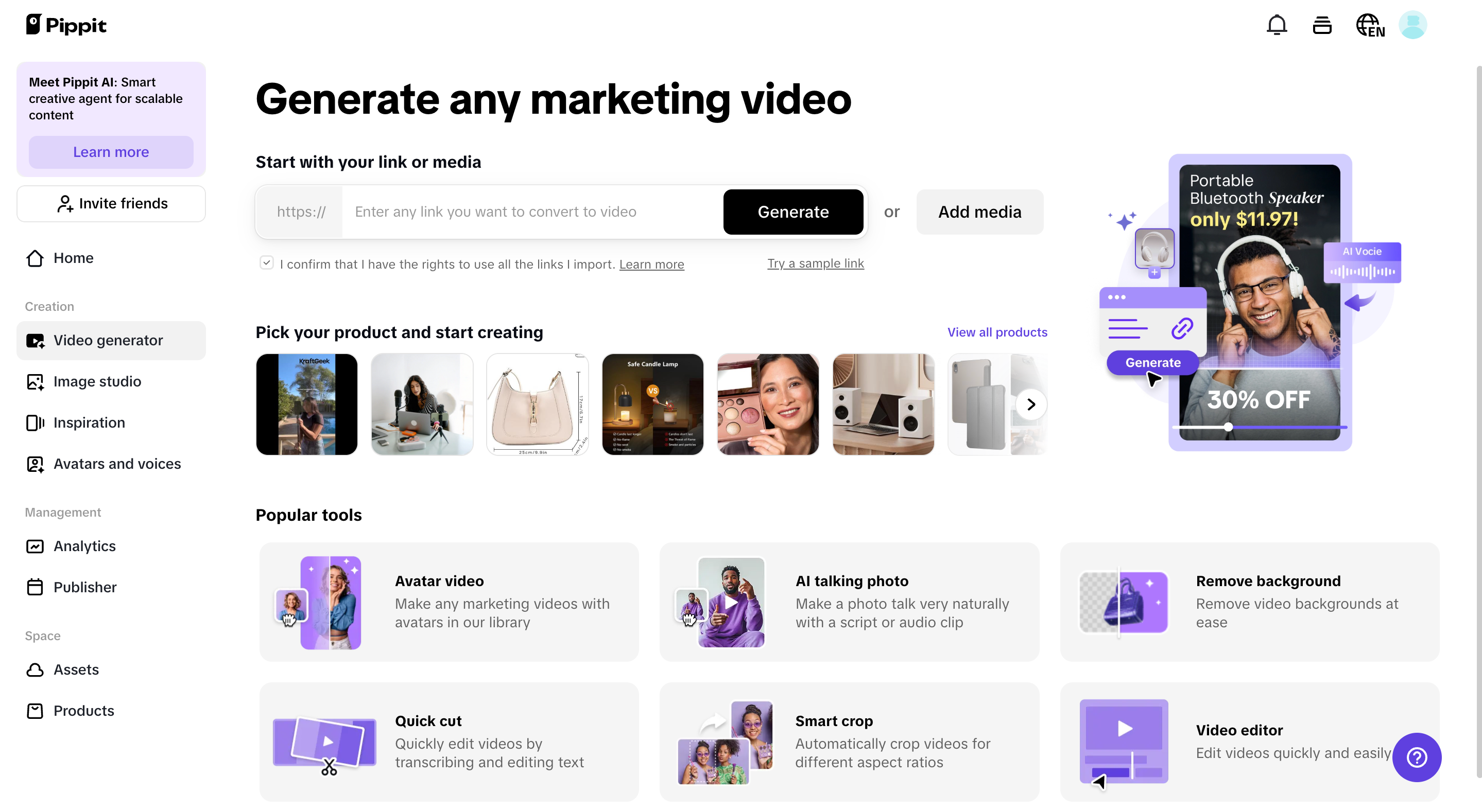 Generate videos with product links or media