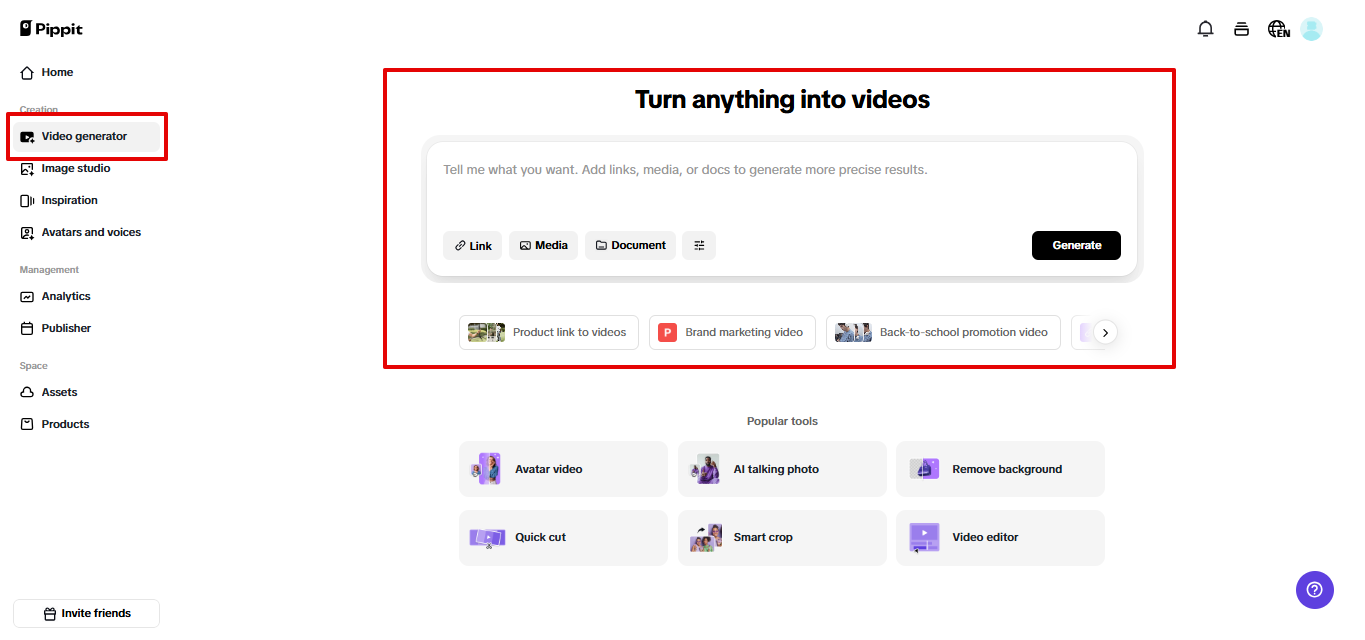Accessing the video generator in Pippit