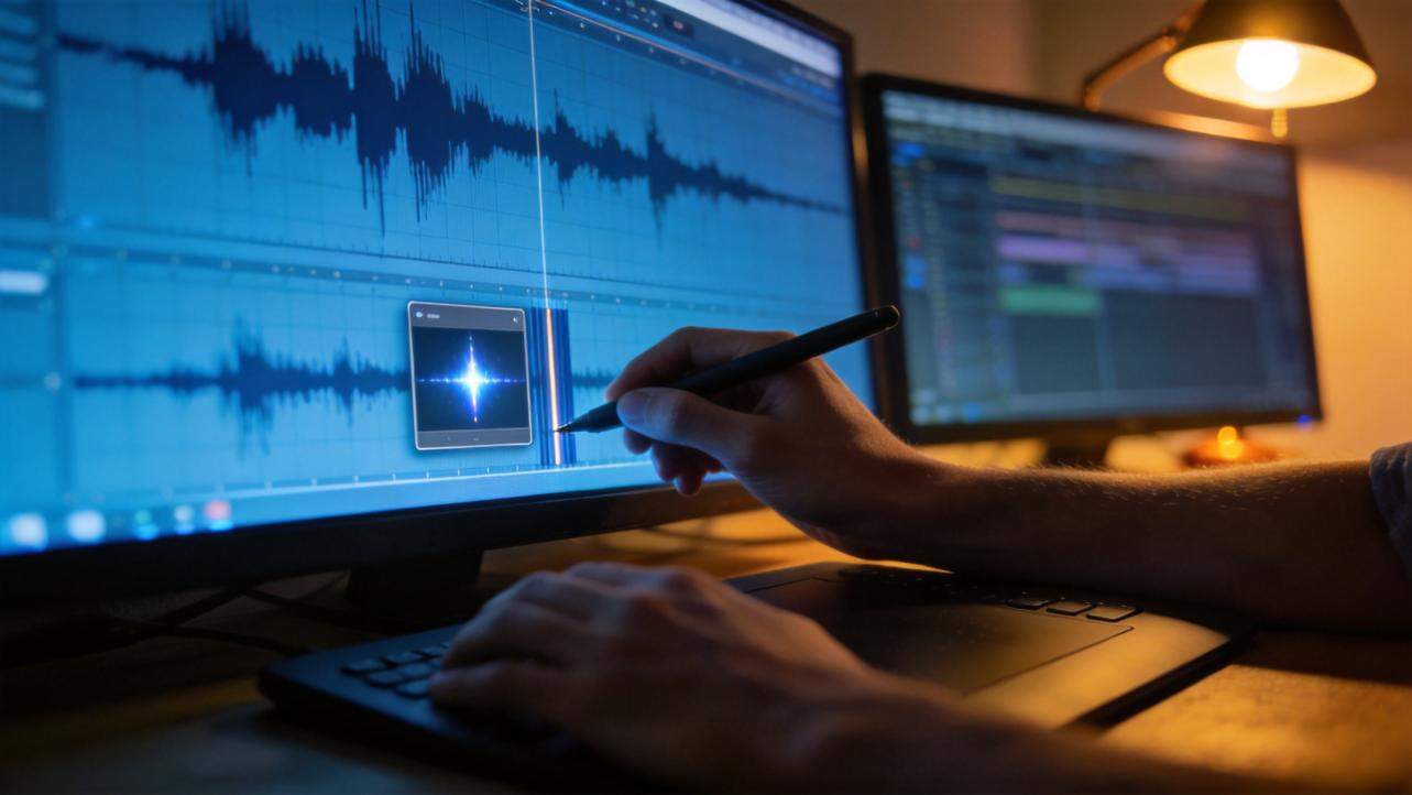 Hands edit an audio waveform on a computer monitor with a stylus in a dimly lit workspace