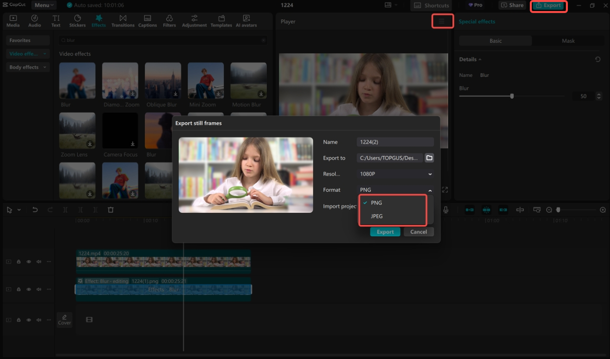 CapCut editor showing the final Export dialog with resolution, quality settings, and share options. Clean, modern UI with ample negative space; brand-agnostic, no personal data; 16:9 (1920x1080) screenshot-style visual.