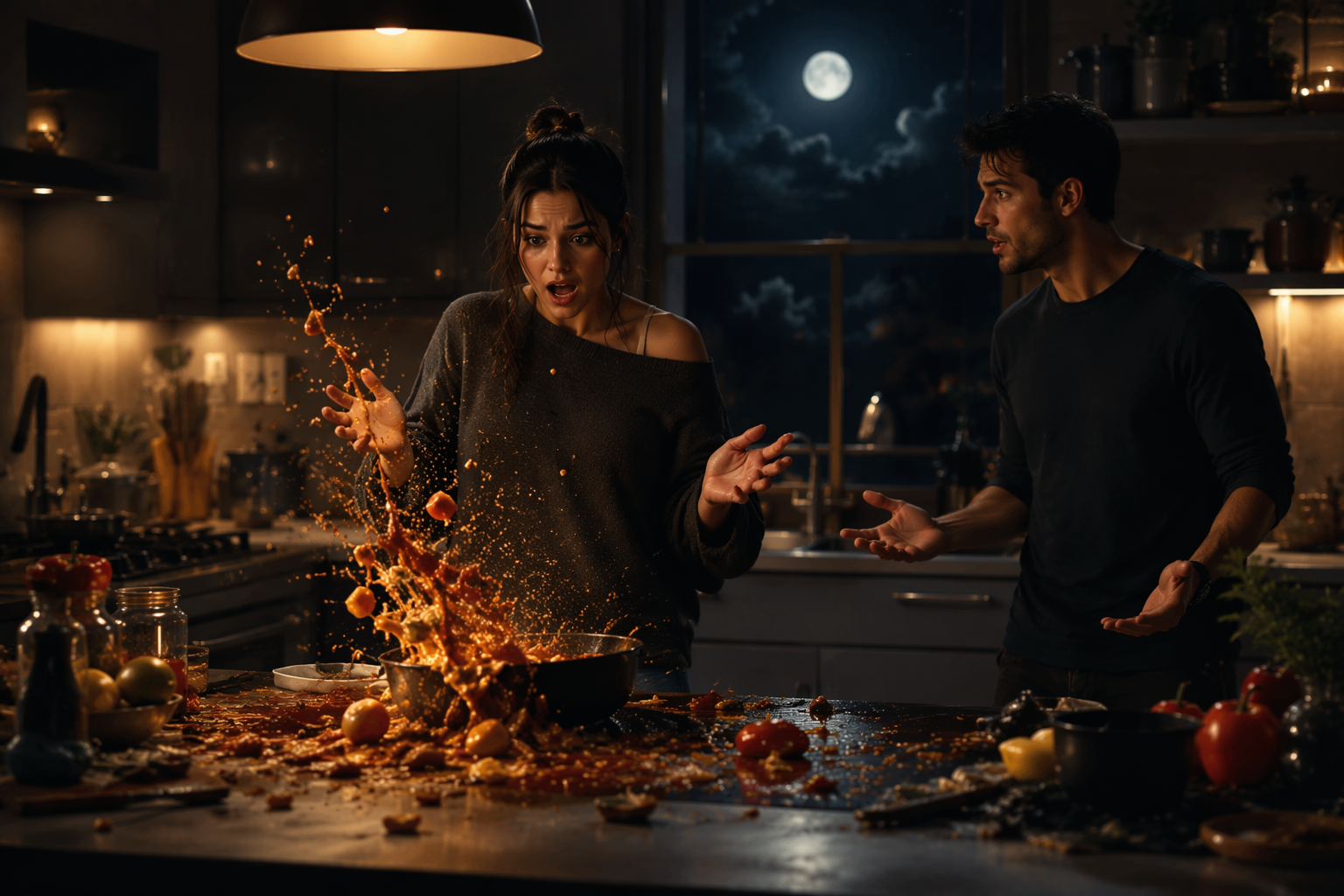 Dreamina AI kitchen drama generator video prompt example 4: Family Dinner Conflict