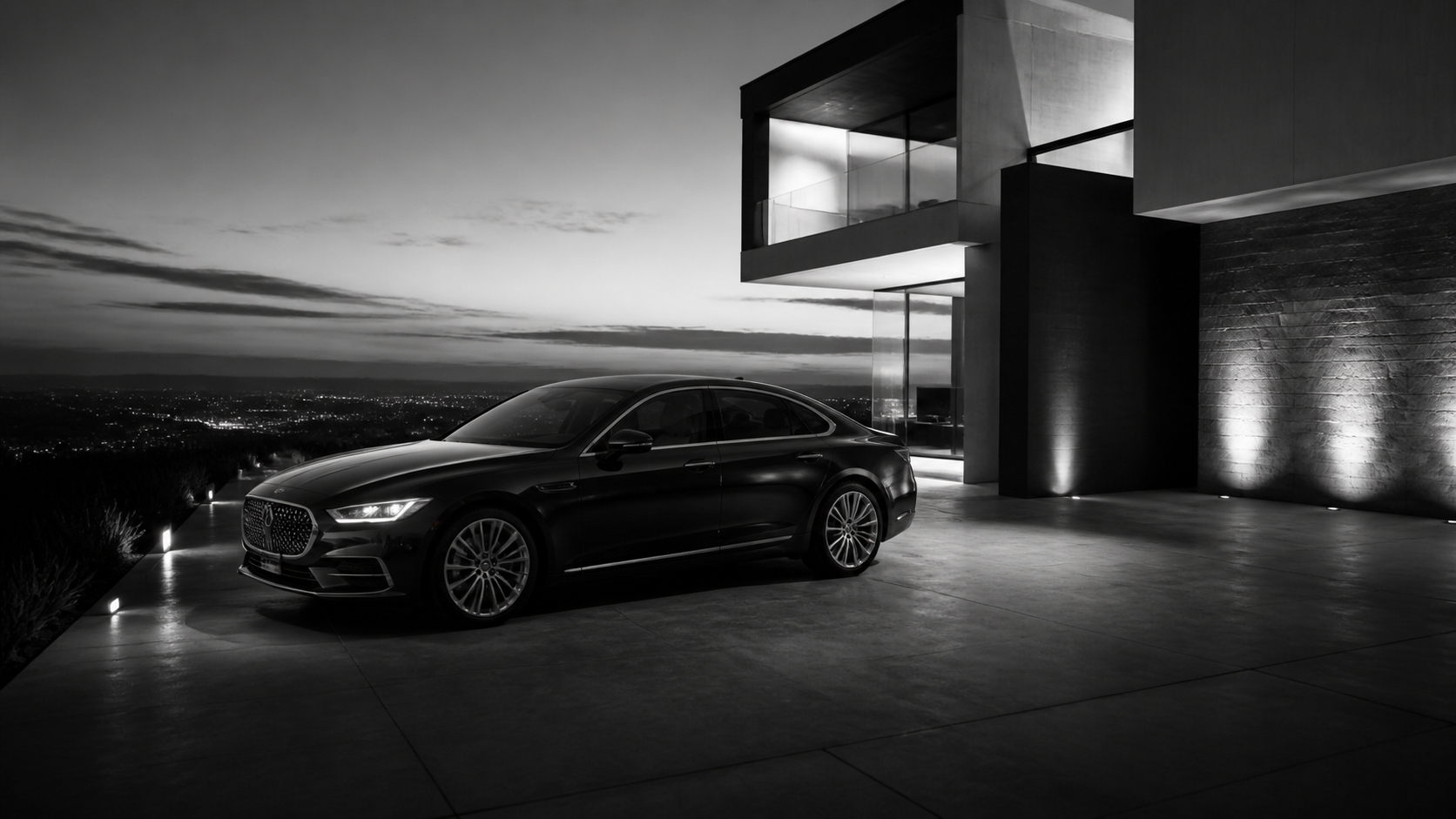 Exemplo de prompt de foto de carro de luxo IA preto e branco 2 - produto de foto de carro de luxo preto e branco ou cena de estilo de vida