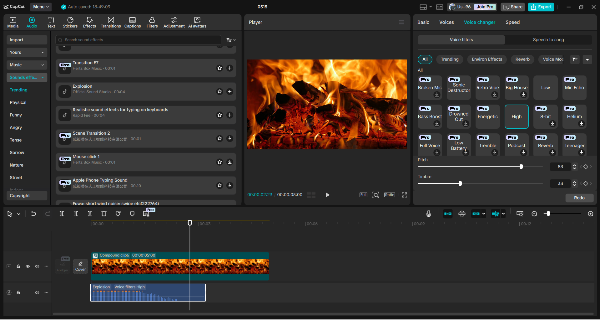 Interfaz del CapCut editor de video de escritorio: una herramienta fácil de usar para agregar un efecto de sonido crepitante de fuego a un video