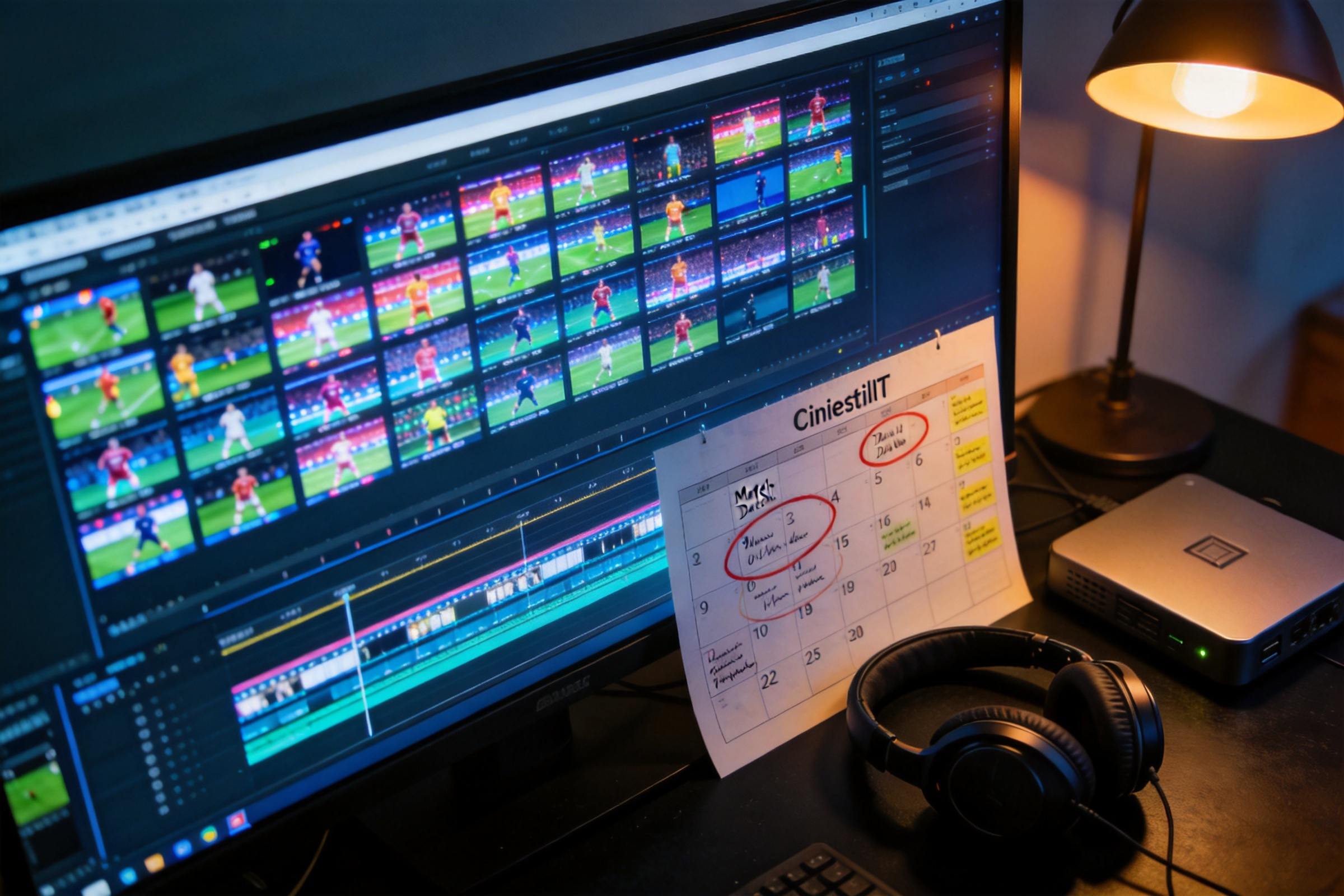 Video editing monitor with soccer clips, calendar notes, headphones, and a desk lamp