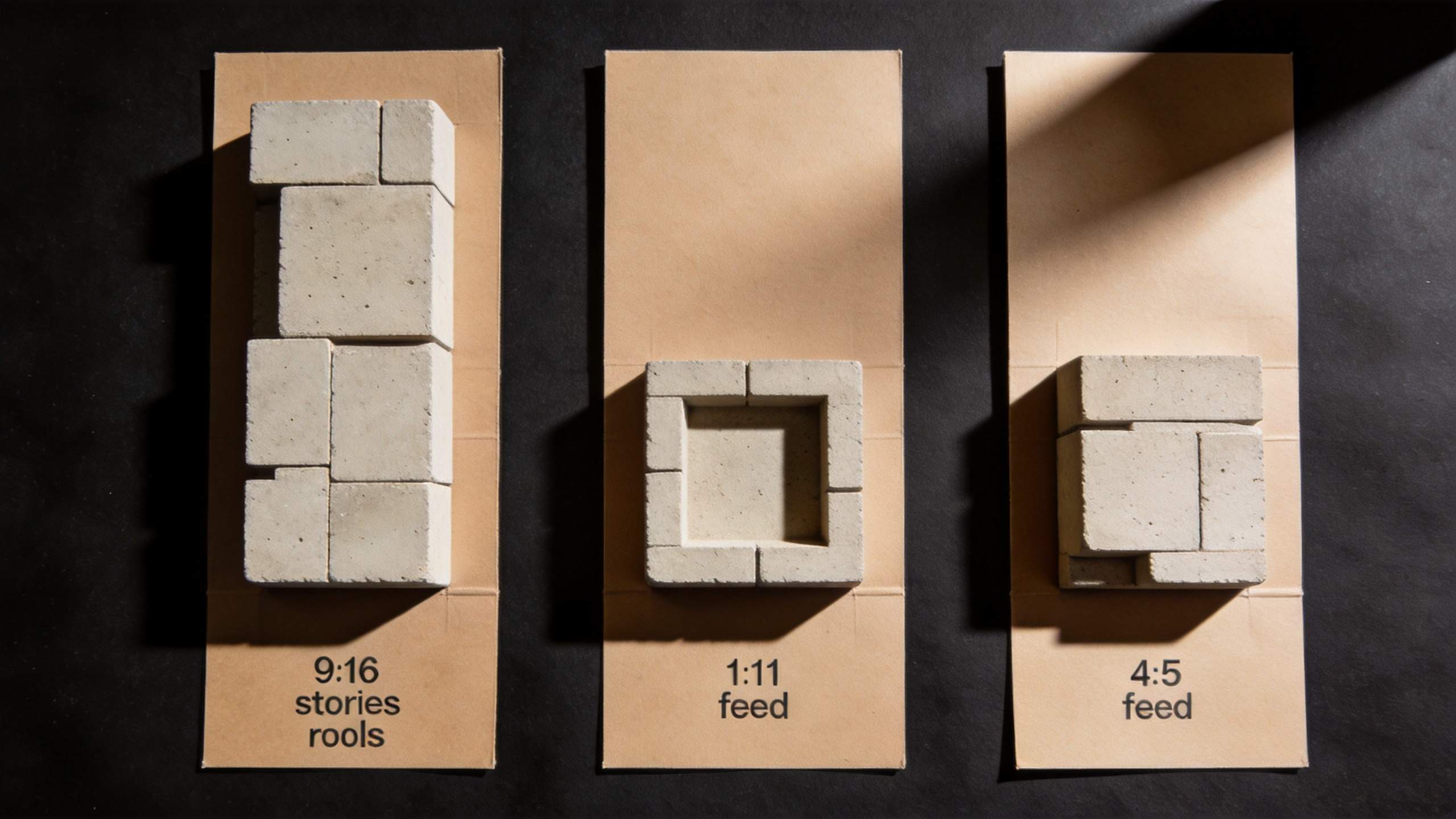 Three tan panels with concrete blocks showing 9:16 stories, 1:1 feed, and 4:5 feed layout ratios