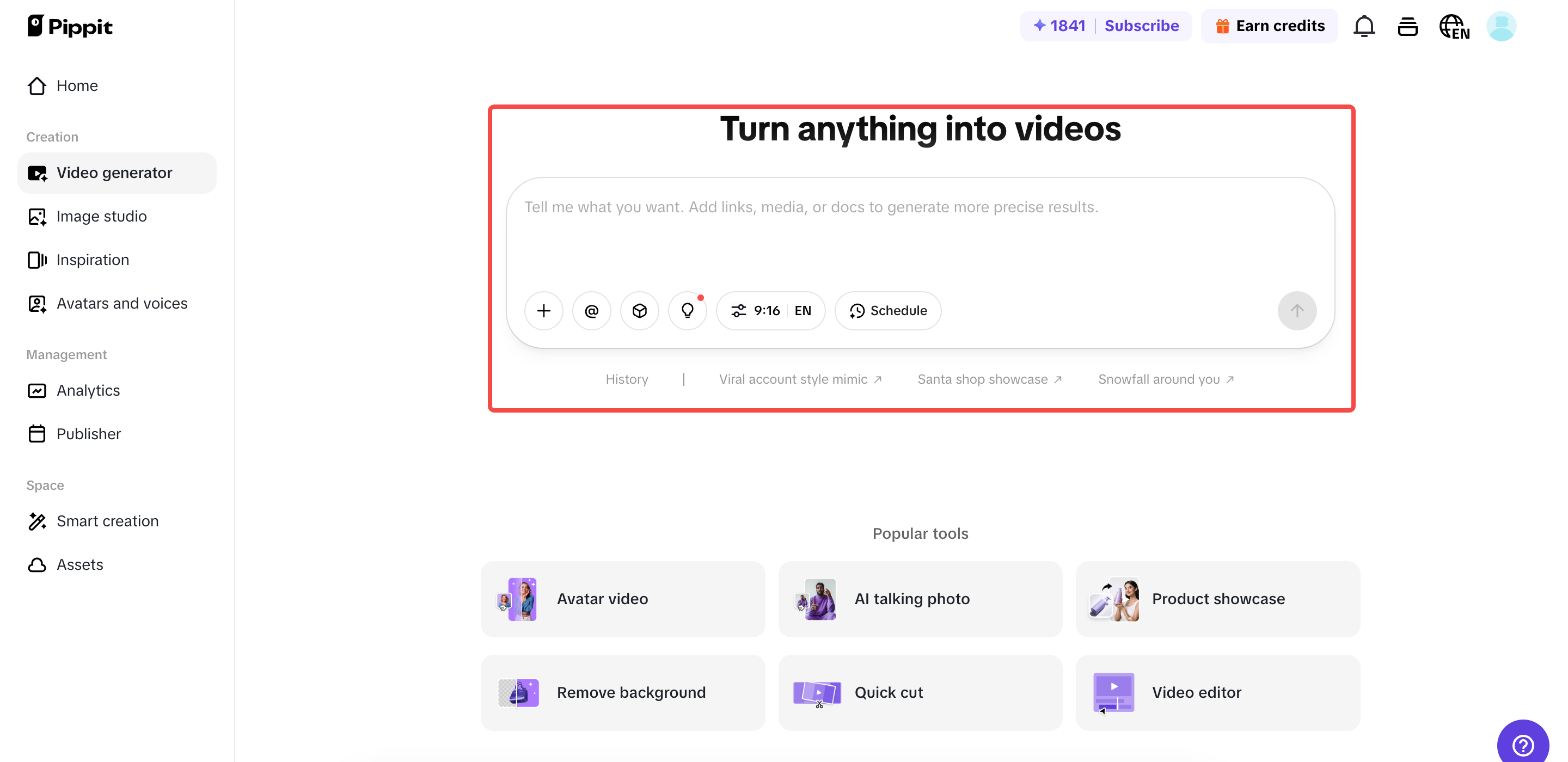 Opening AI video generator on Pippit
