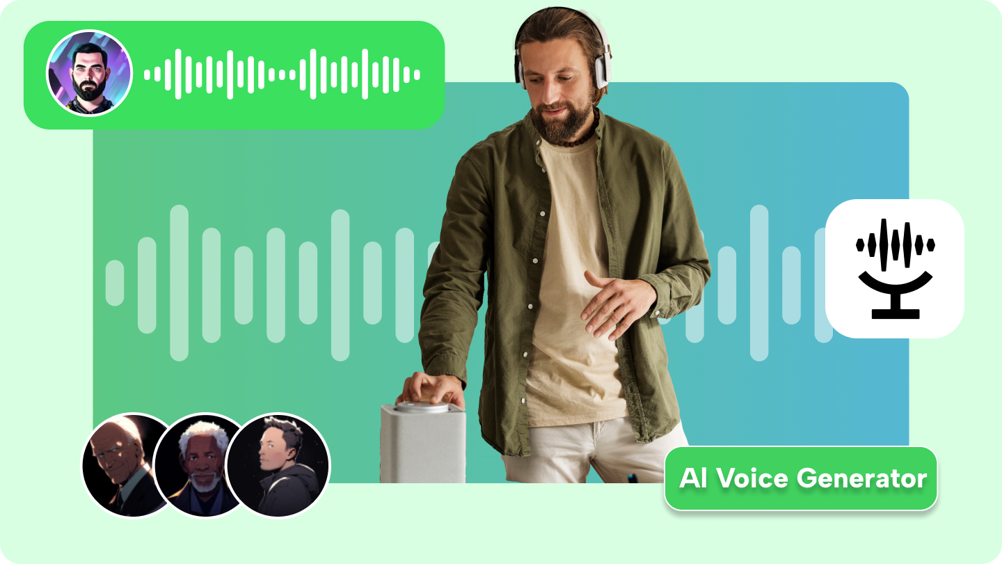 Affiche de héros pour CapCut générateur de voix de style célébrité IA avec des formes d'onde audio abstraites et des éléments d'éditeur.