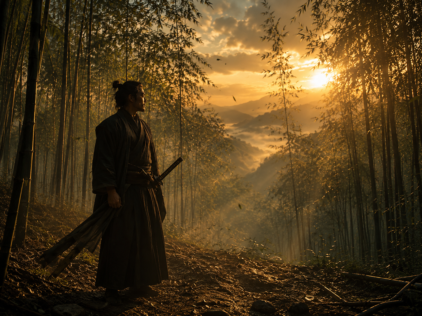 Prompt for emotional samurai in bamboo forest
