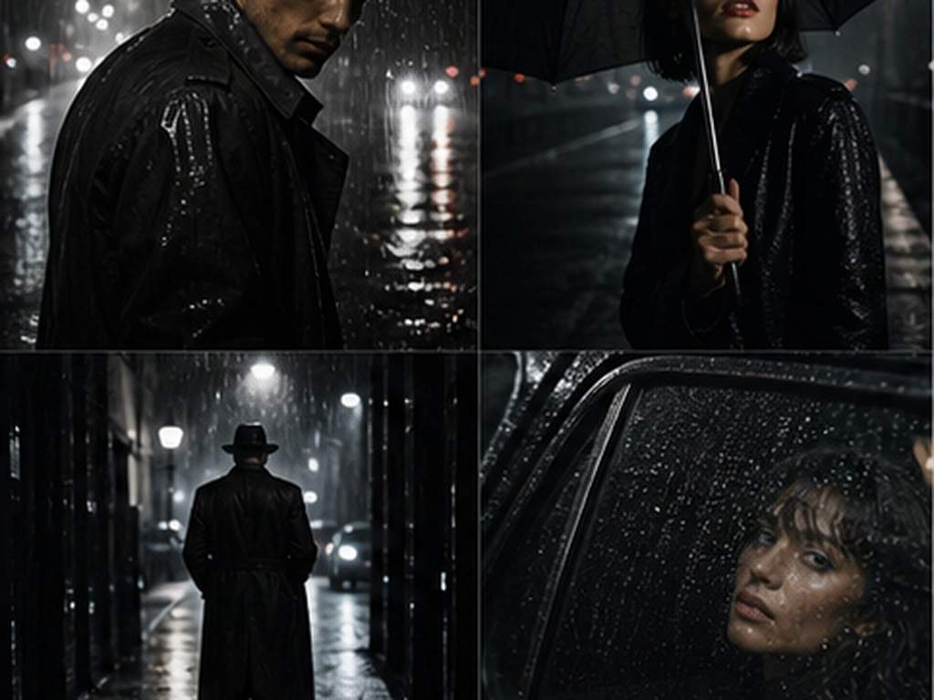 Dark Moody 4-Photo Collage AI Prompt prompt example 1 - Rainy noir collage