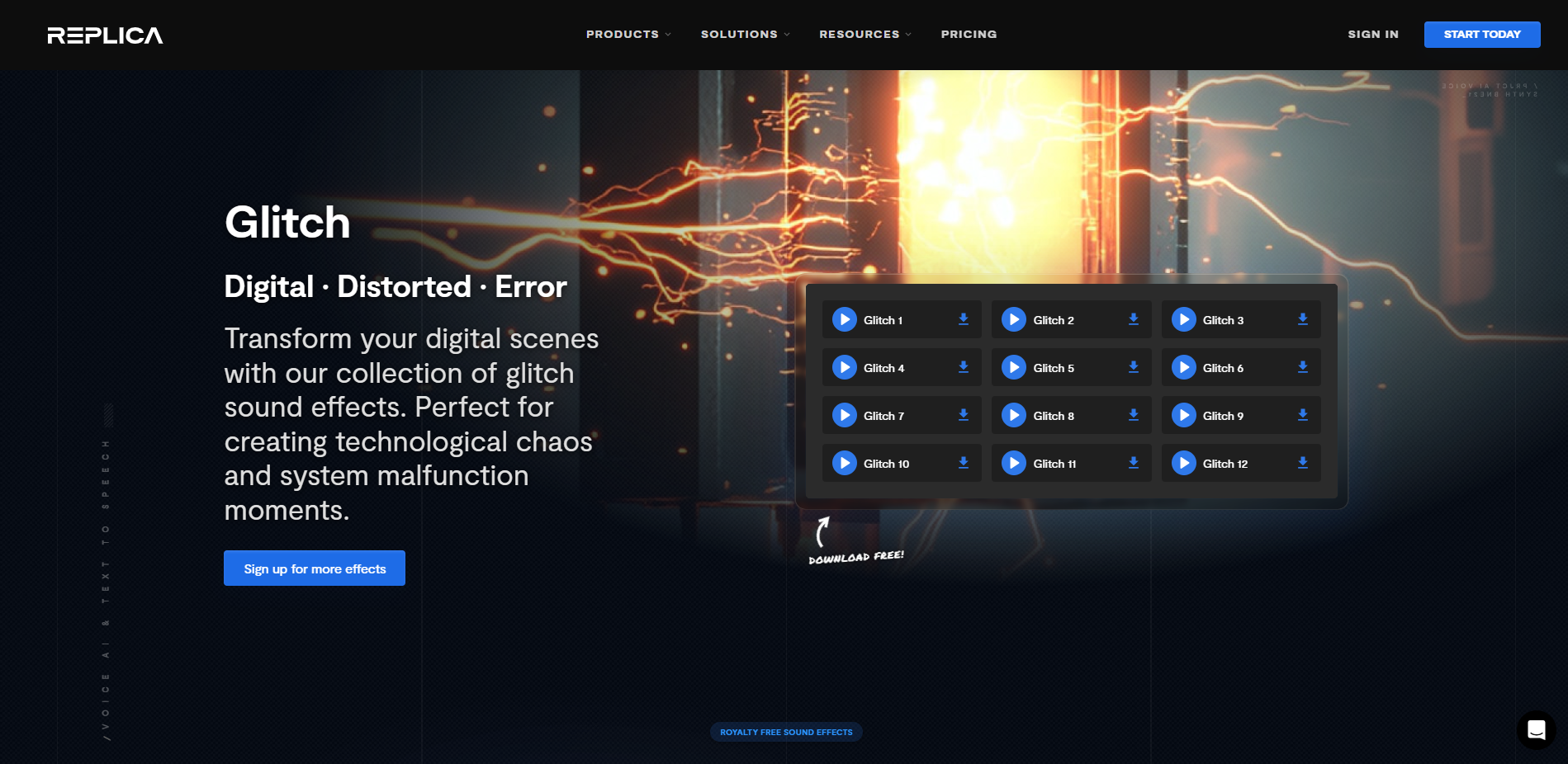 Interface of Replica Studios - the best resource for TV glitch sound effects