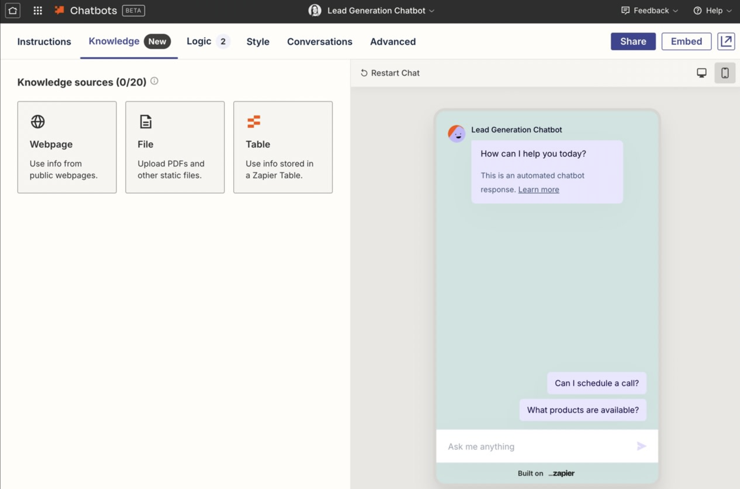 อินเทอร์เฟซของ Zapier Chatbots - บอทเสียง AI ที่ใช้งานง่าย