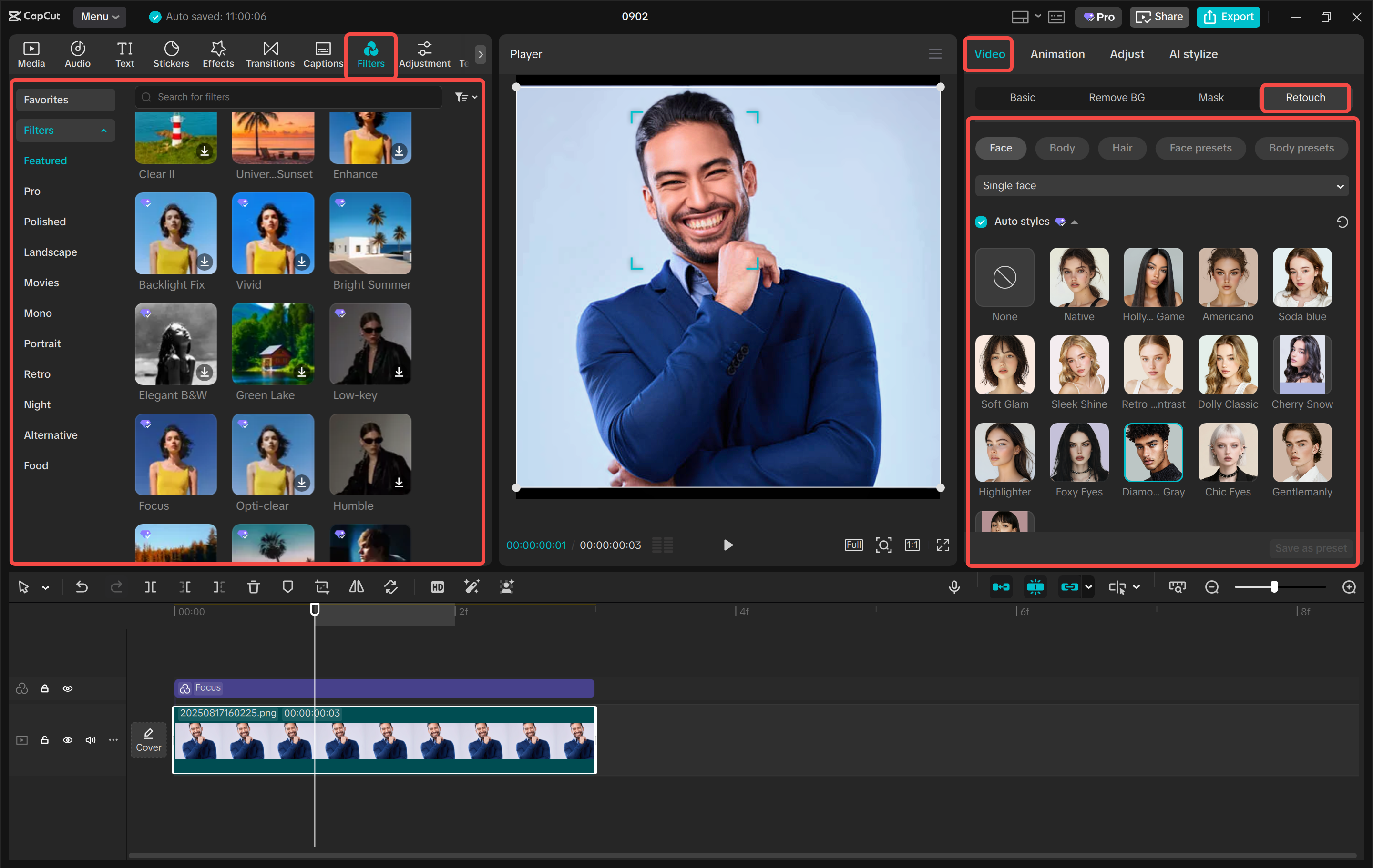 Retouching the profile picture in the CapCut desktop video editor