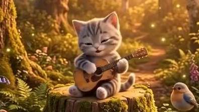 CapCut AI video generation of a kitten playing guitar in a forest.