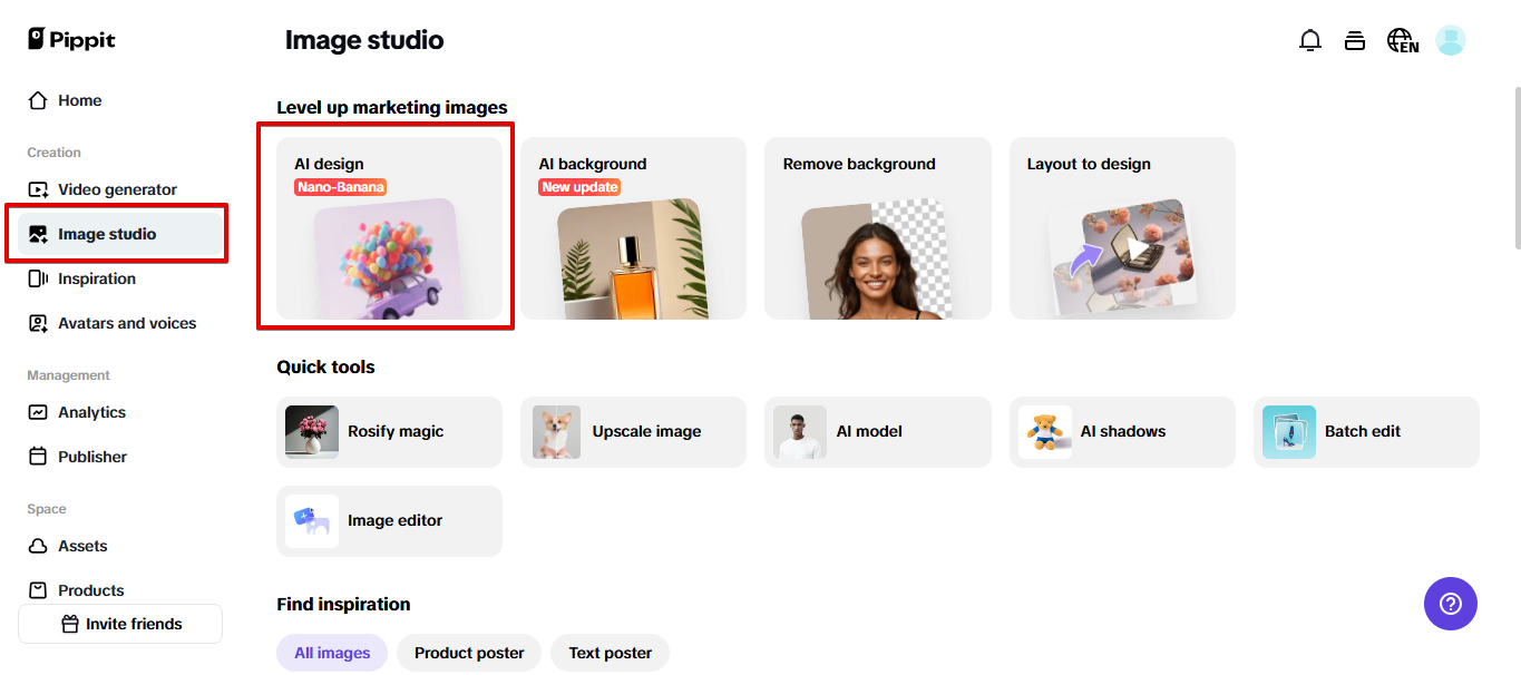 Abrindo design com IA no Pippit