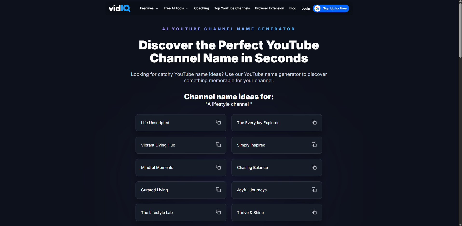 Interface of vidIQ - an easy to use tool to get the best YouTube usernames