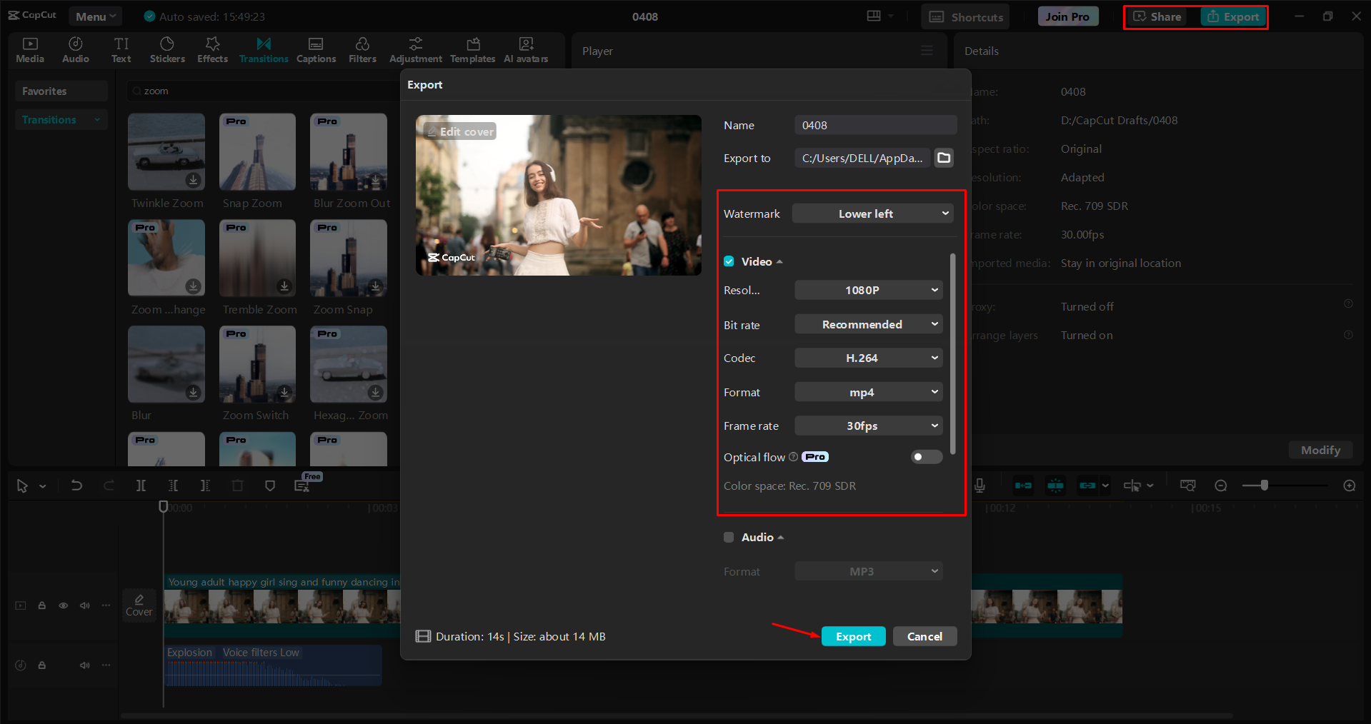 Exporting a video from the CapCut desktop video editor