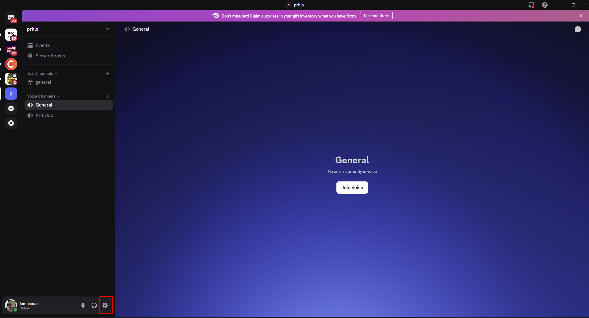 Opening personal settings on Discord