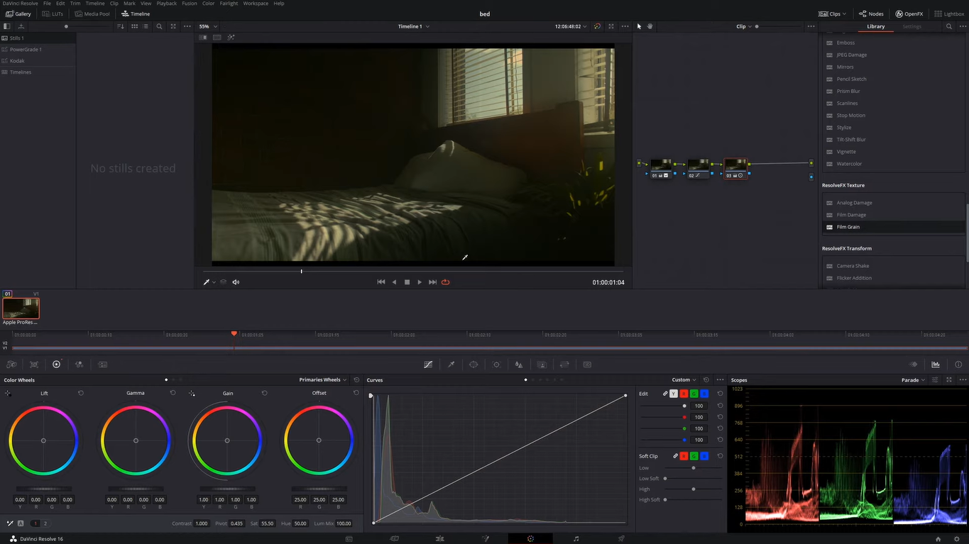 Interface of DaVinci Resolve - the popular tool to add old film noise overlay to videos