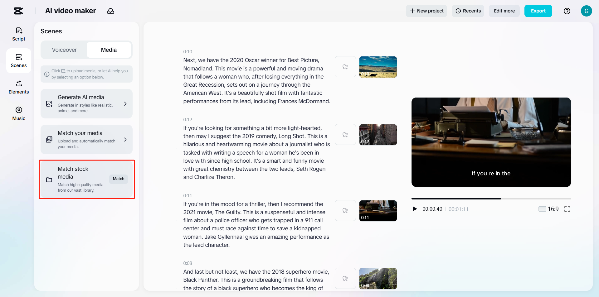 Outil d'IA pour transformer un script en vidéo
