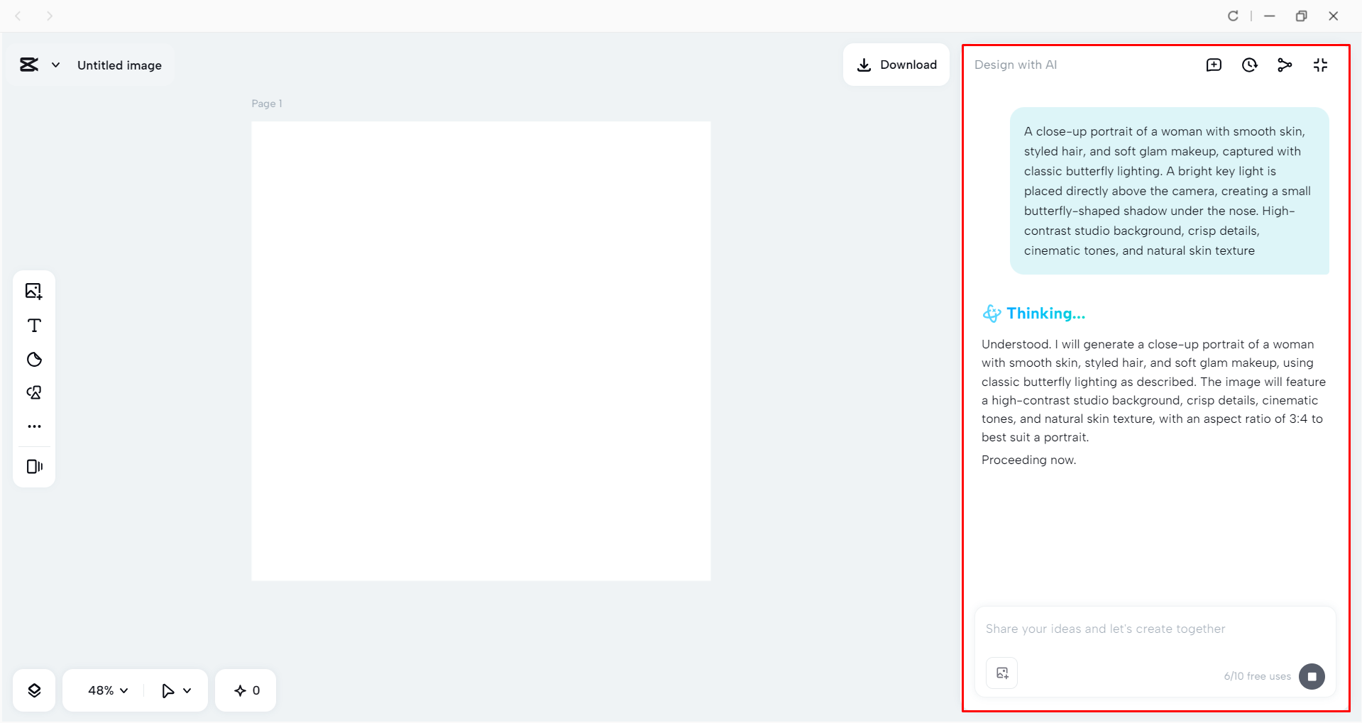 Generating an image with butterfly lighting in the CapCut desktop video editor
