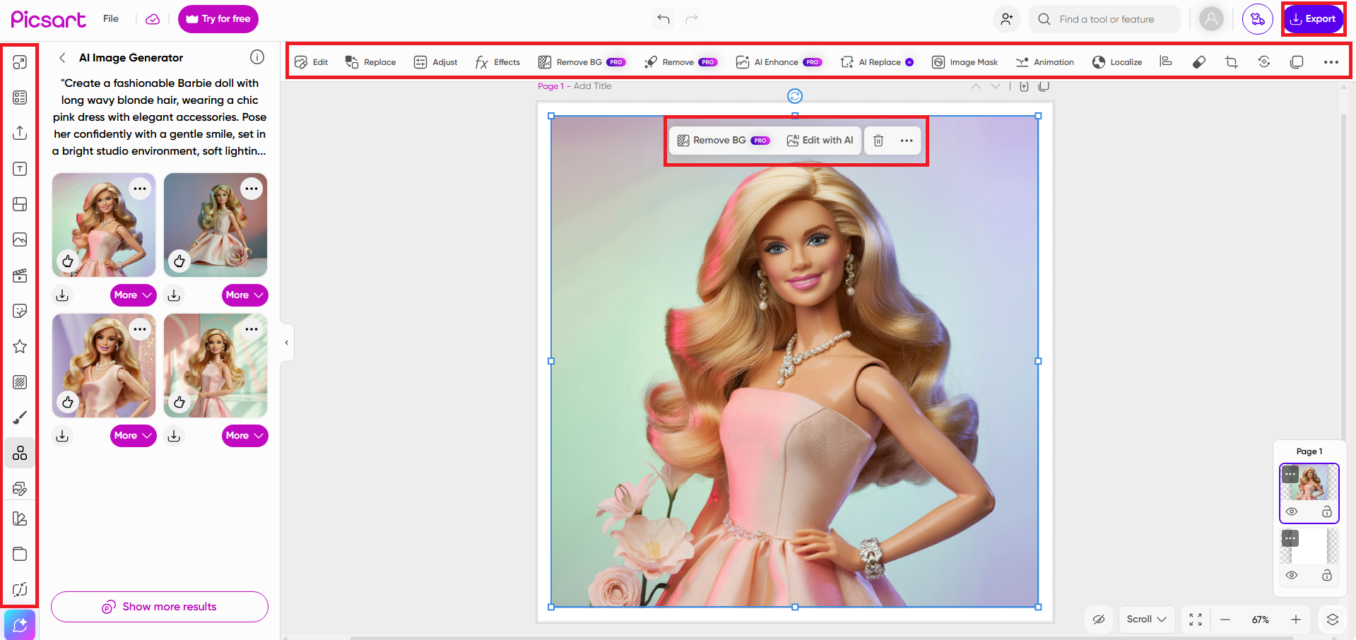 Edita y exporta tu imagen de Barbie