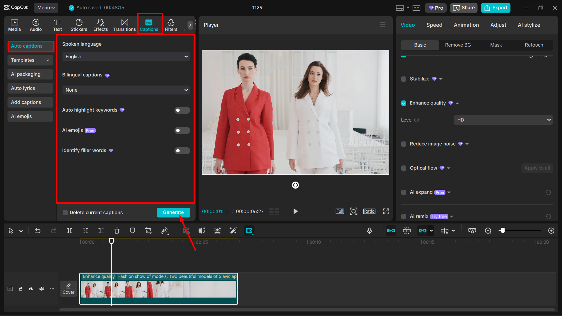 Transcribe the video and add captions to the video using CapCut