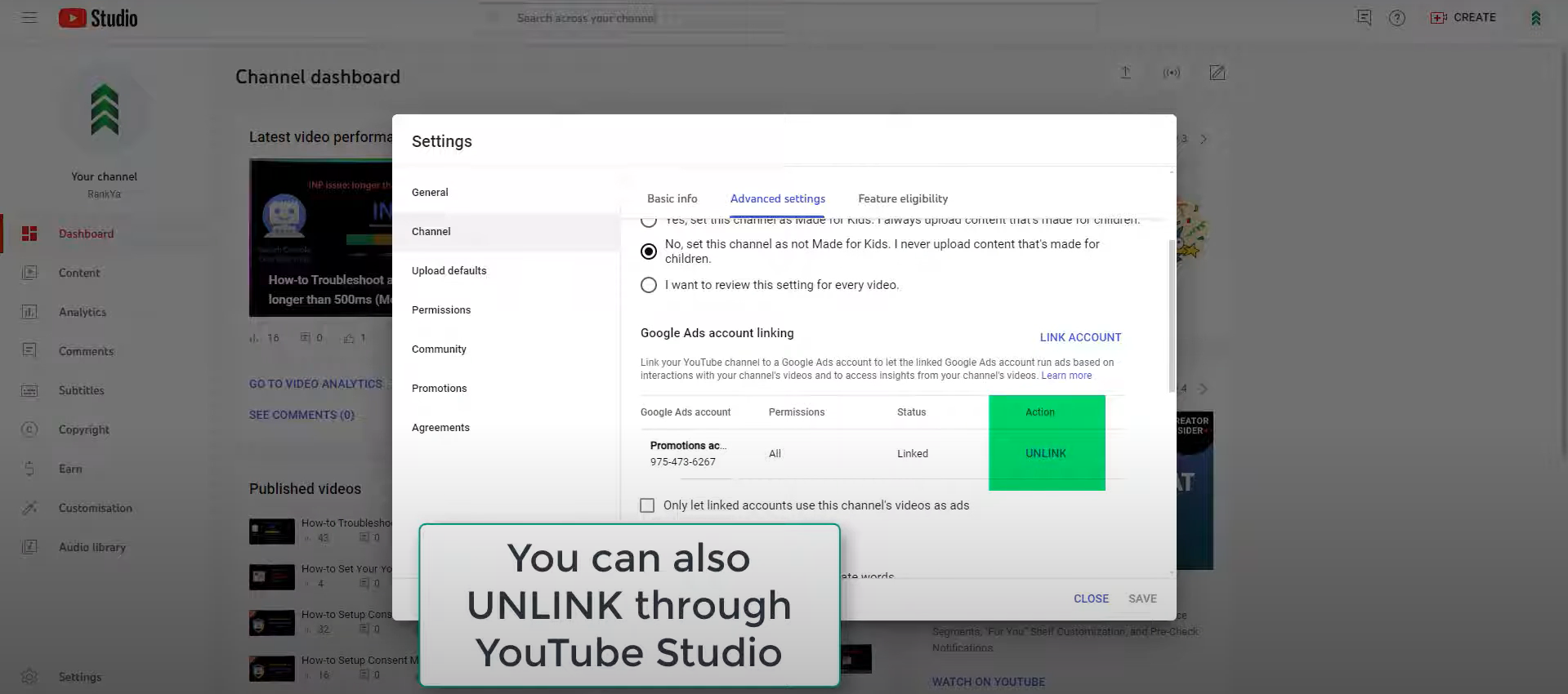 Unlinking the YouTube account from Google Ads account