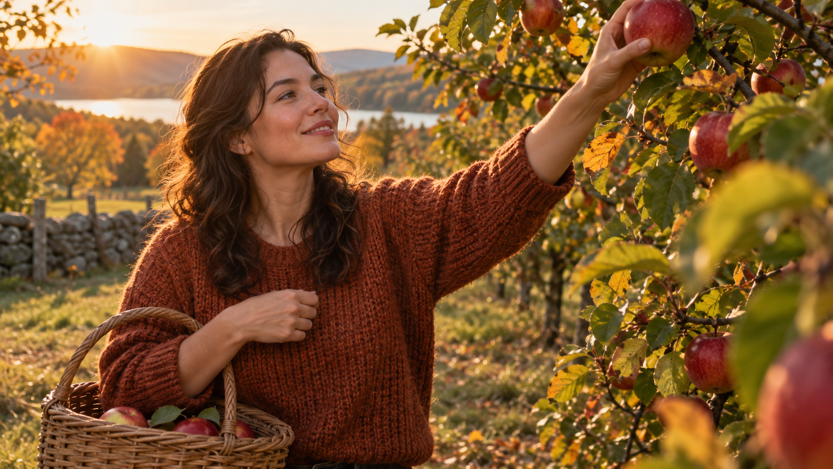 a seasonal orchard photograph with believable picking gestures, baskets, layered rows of trees, and warm but natural color