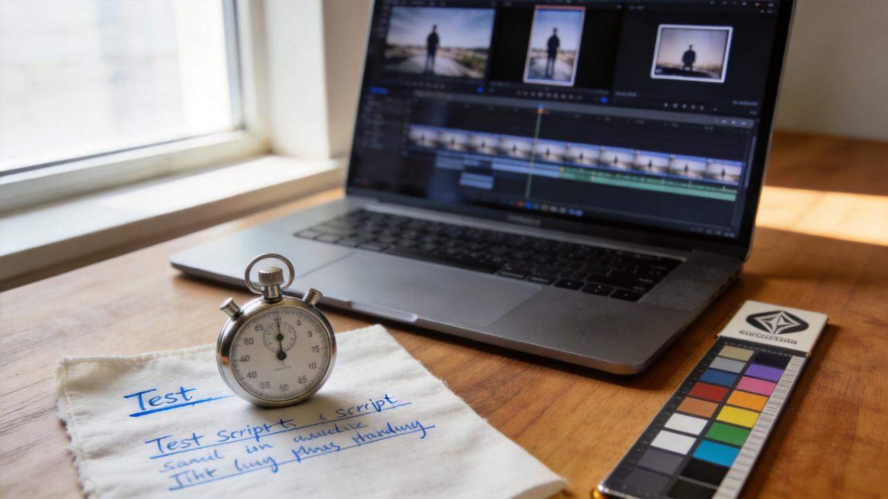 Laptop showing a video editing timeline beside a stopwatch, test notes, and a color chart on a desk