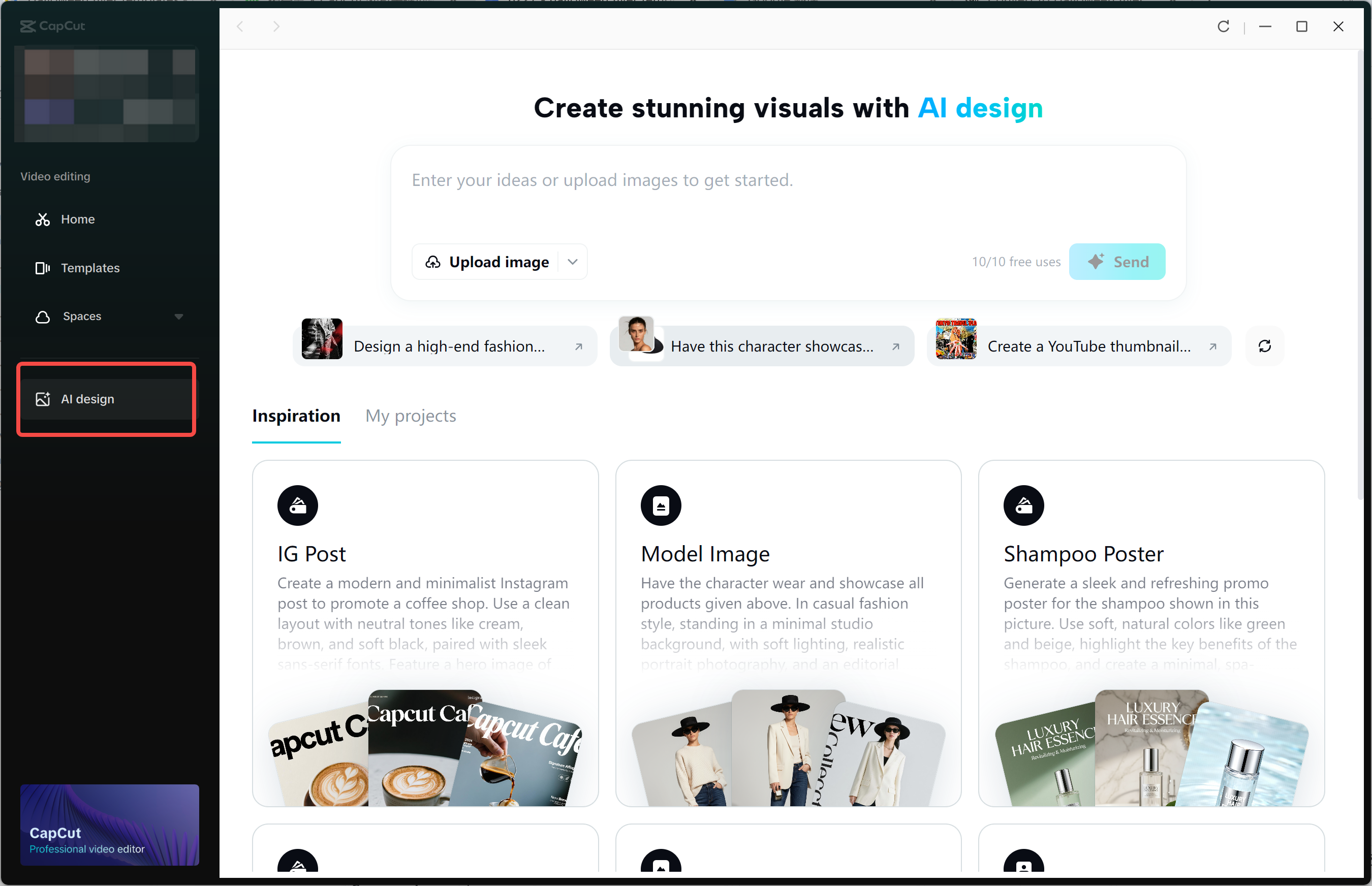 Accessing the AI Design tool in the CapCut desktop video editor