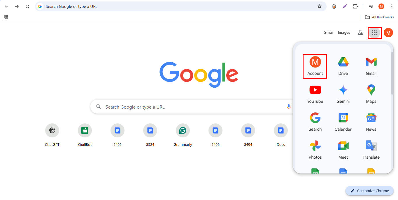 Opening Google account settings