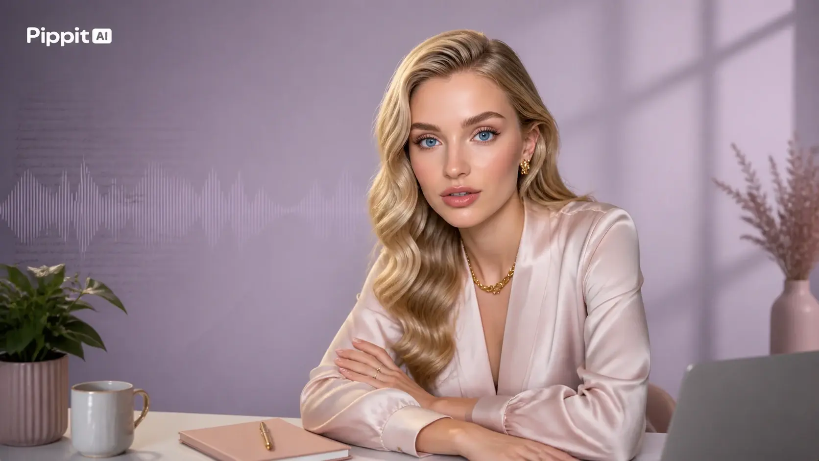 Blonde woman in a satin blouse sits at a desk with a laptop in a soft purple studio