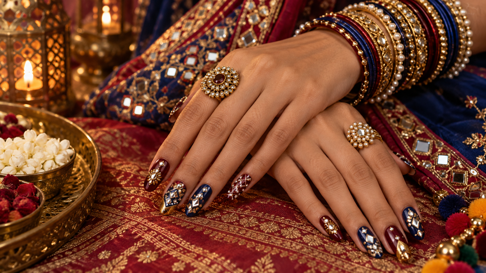 Maroon and Royal-Blue Navratri Manicure example