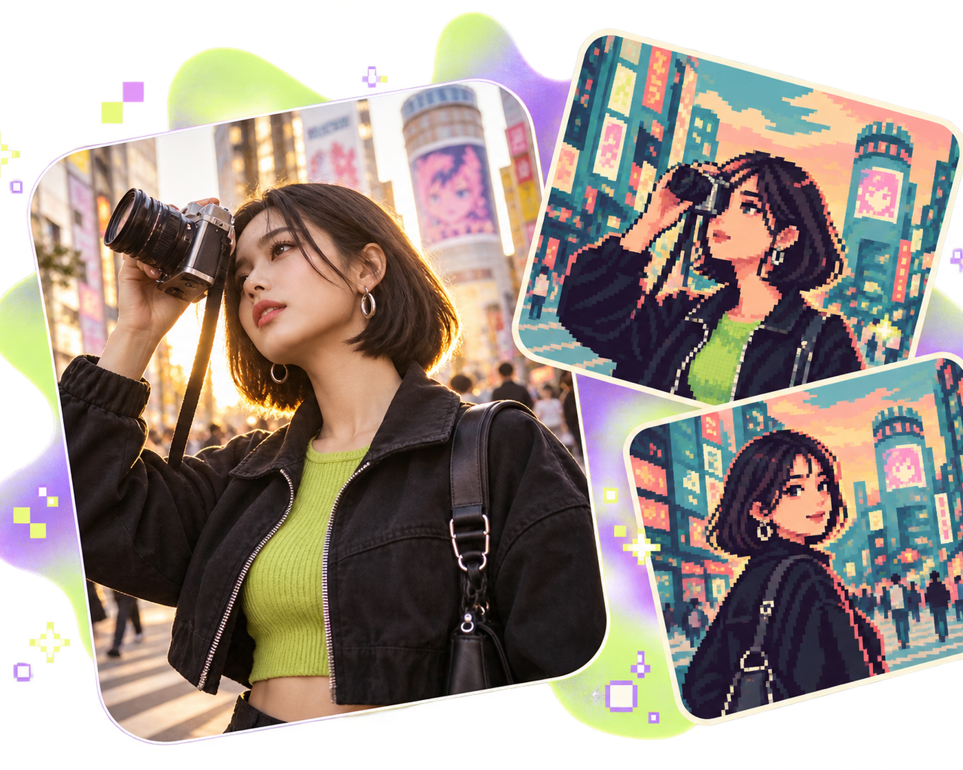 Transparent irregular collage of a young traveler and her photo transformed into colorful pixel art