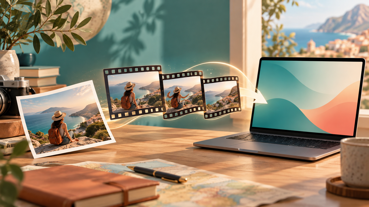 A travel photograph leading into a short sequence of film frames