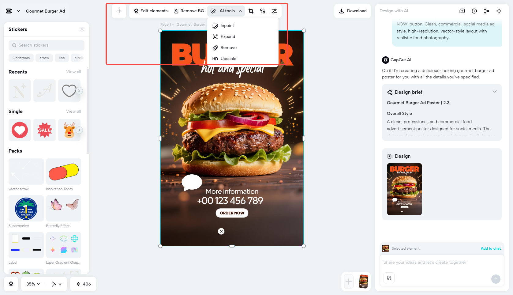 Editing and enhancing the AI-generated ad in CapCut
